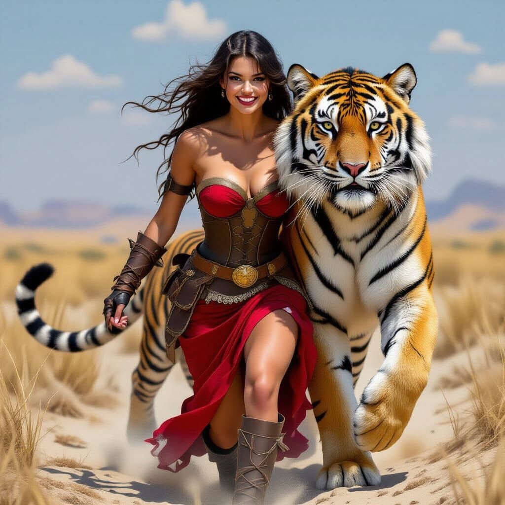 Woman Chasing Tiger in Military Boots, Dark Fantasy Art