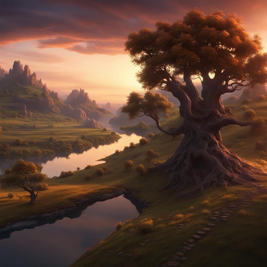 River Sunset Tree Hill: Detailed Matte Painting