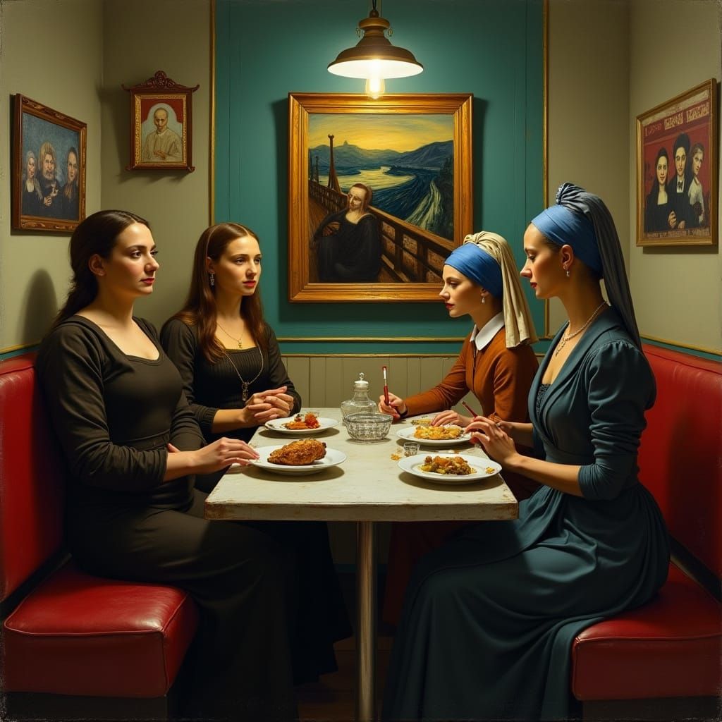 Famous Paintings Reimagined in Nighthawks Diner Scene