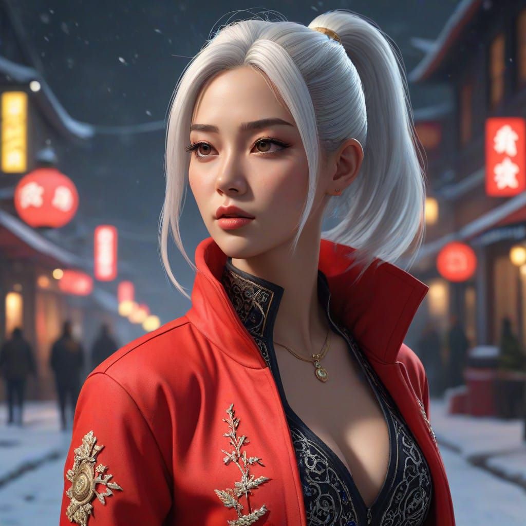 Ethereal Chinese Goddess in Vibrant Red and Snowy Landscape