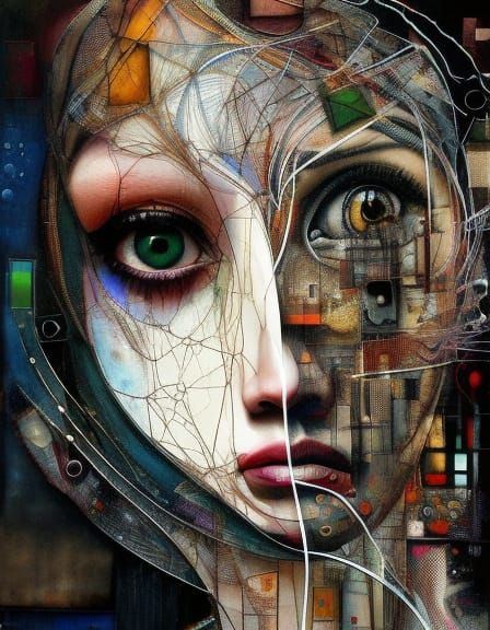 Surreal Portrait with Geometric Abstractions and Ink Drips