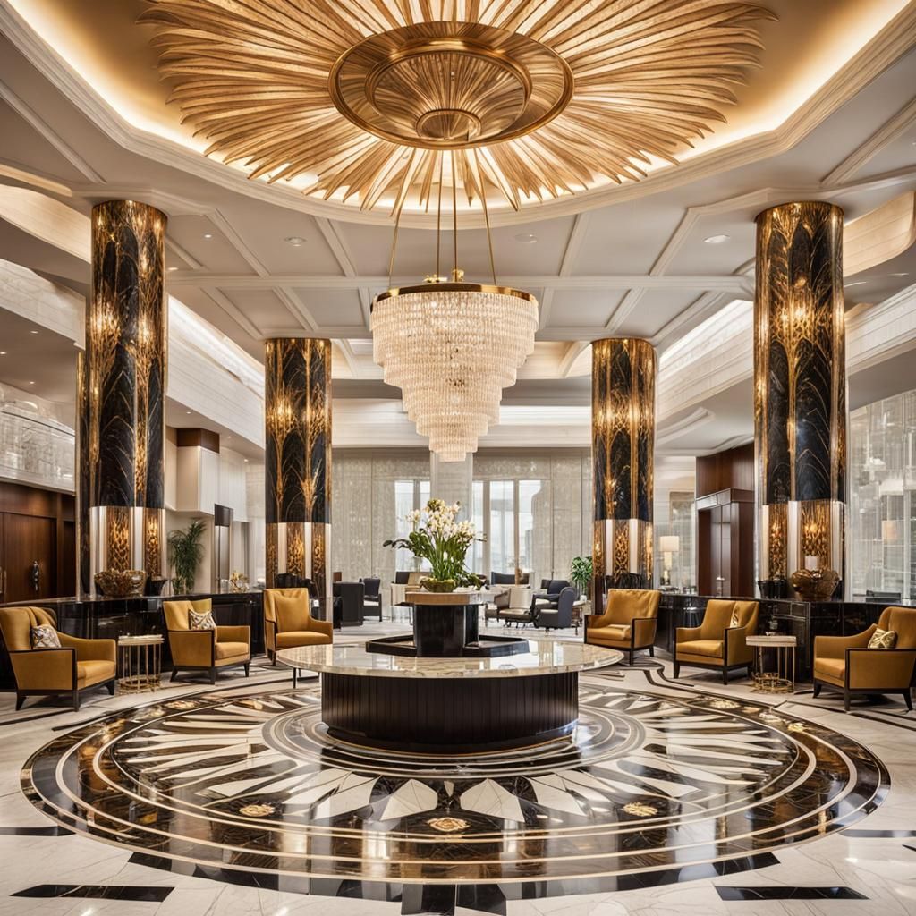 Art Deco Hotel Lobby with Sunburst Mirror
