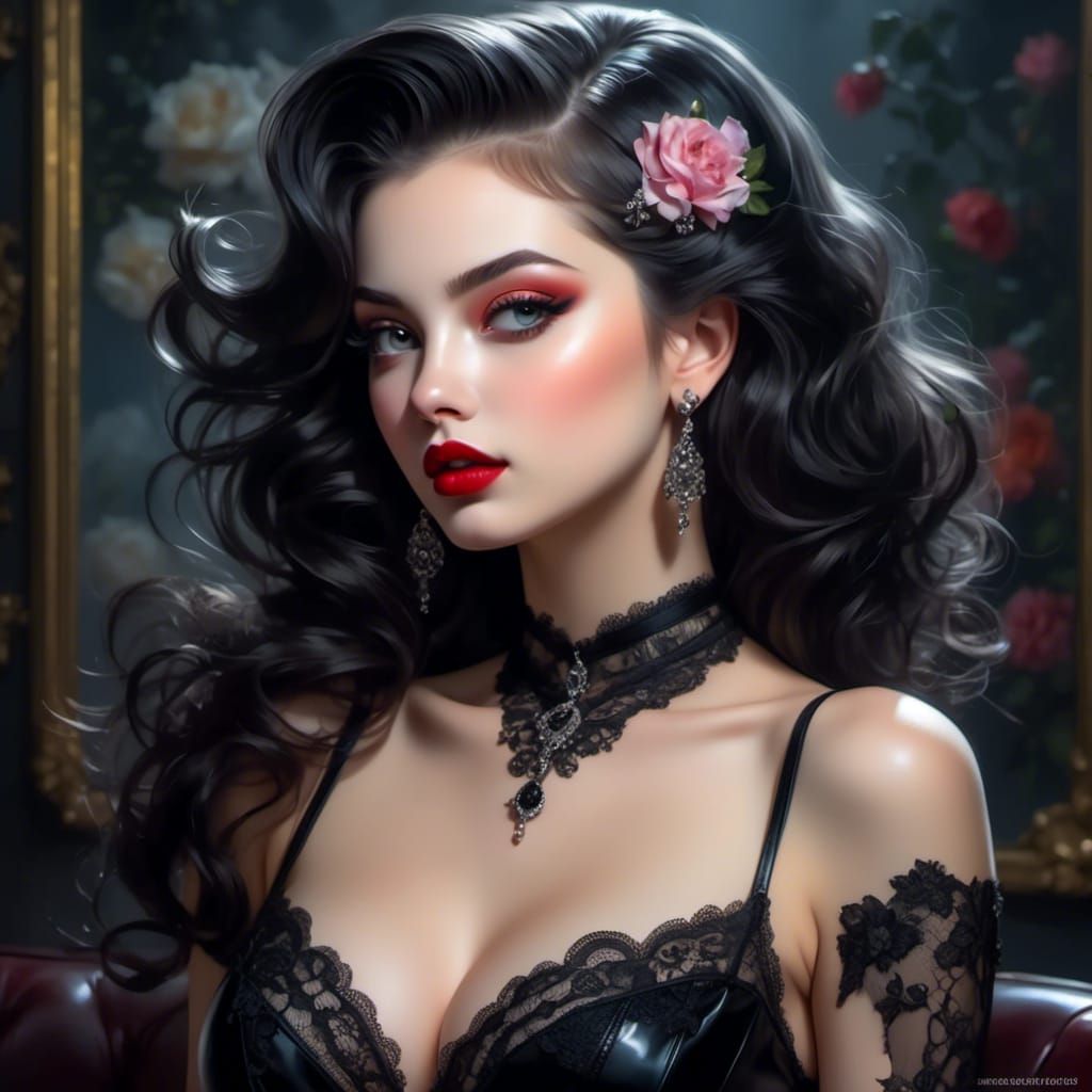 Gothic Noir: French Woman in Lace Lingerie