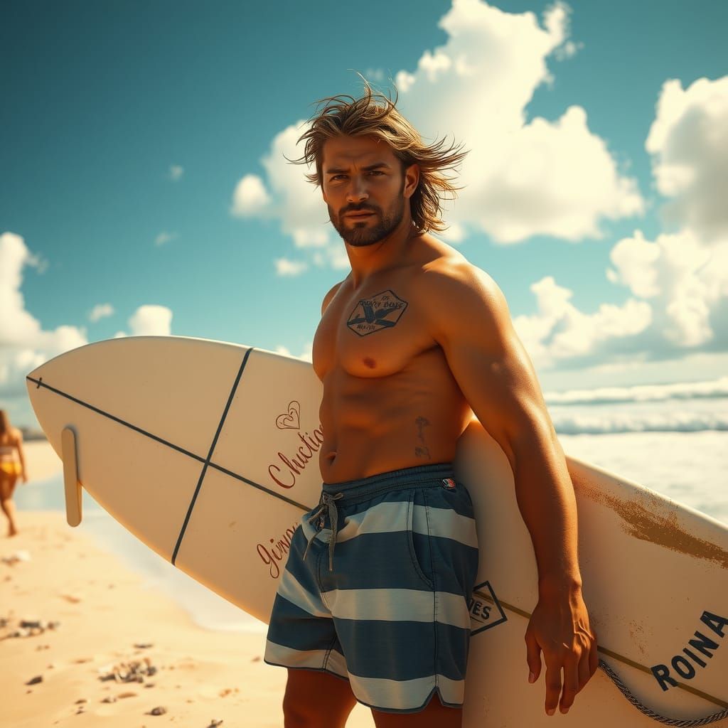 Australian Surfer on Bondi Beach in Hyperrealistic Style
