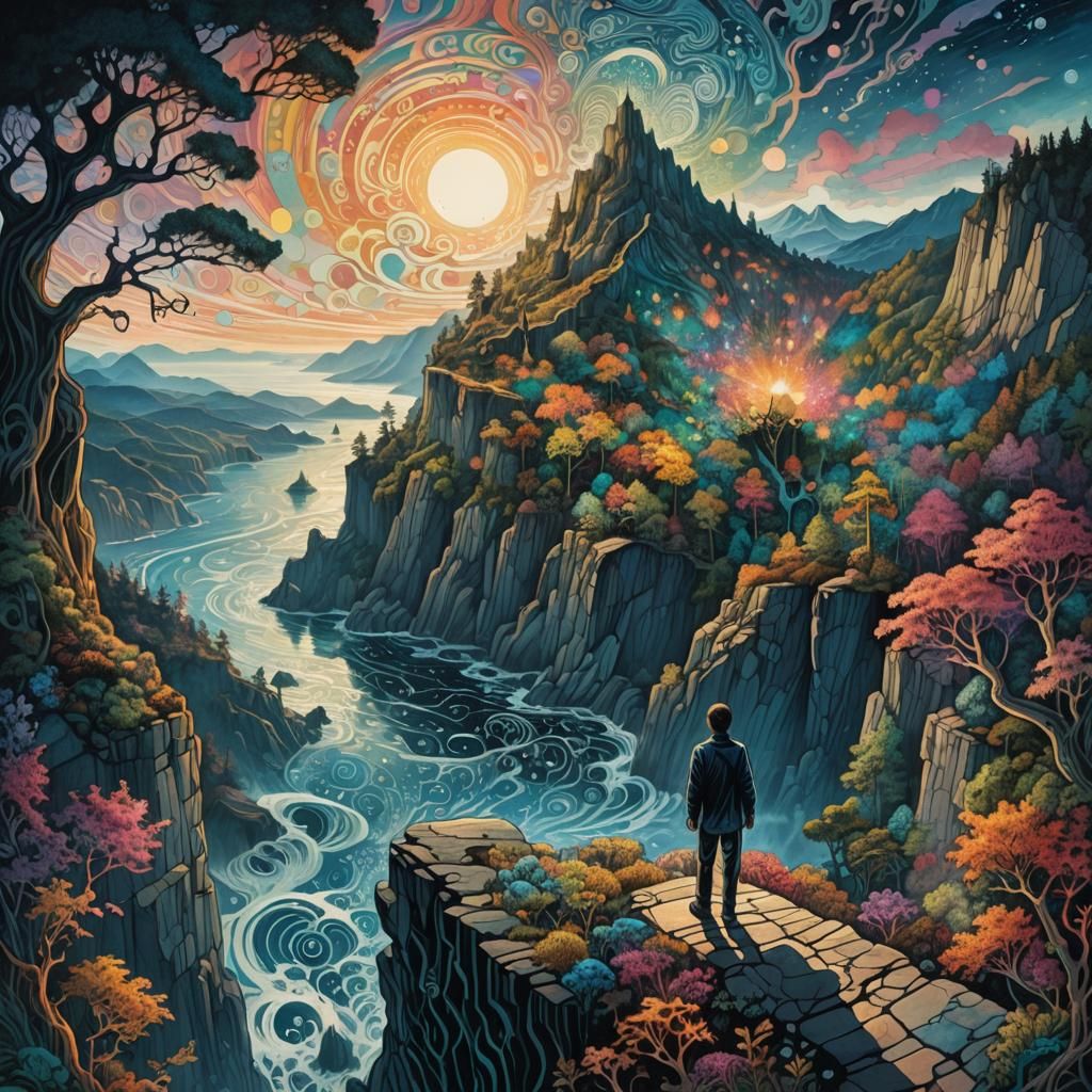 Surreal Dreamscape: Iridescent Ocean and Shifting Mountains