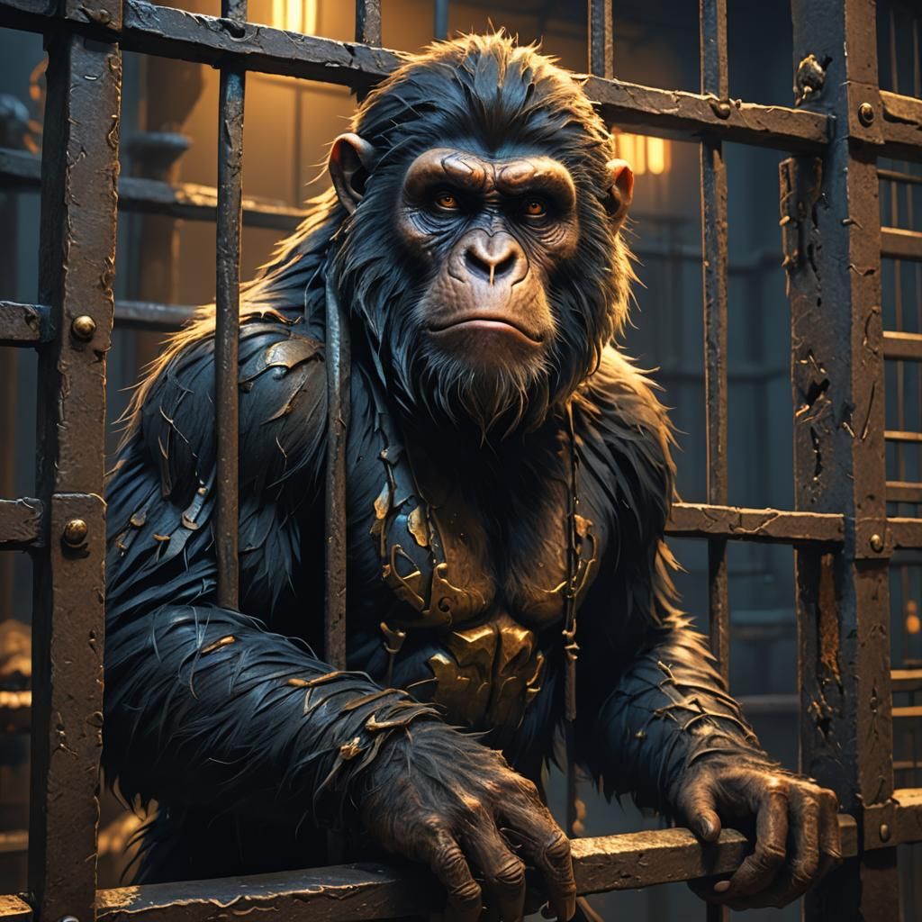 Ape Stares at Prisoner in Dark Fantasy Setting