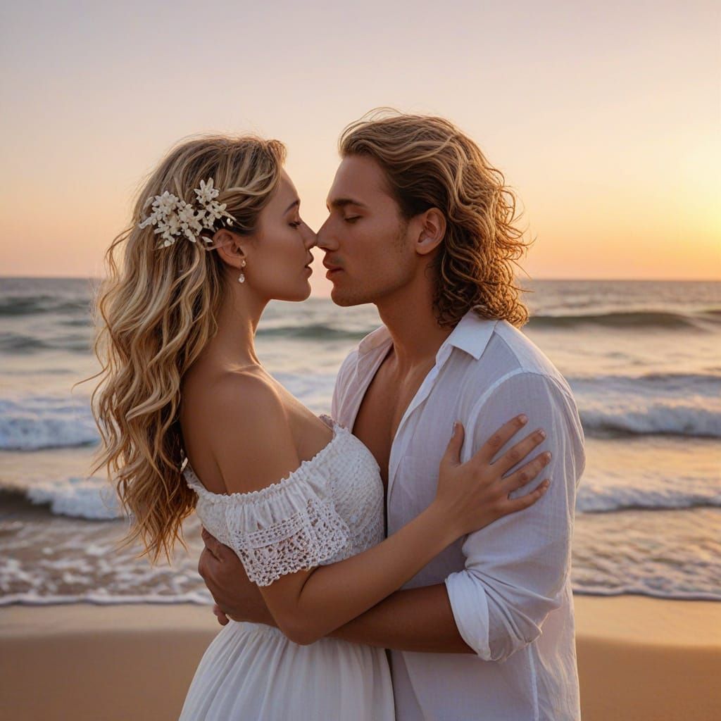 Romantic Dip Kiss on Beach at Sunset