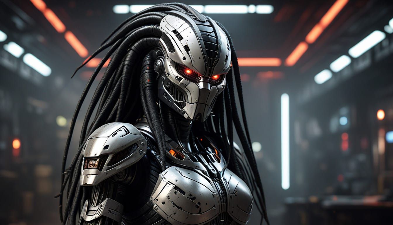 Mechanical Predator Goddess in Cyberpunk Armor