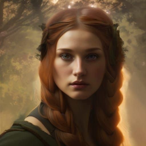 Medieval Druid in Forest, Digital Art Portrait