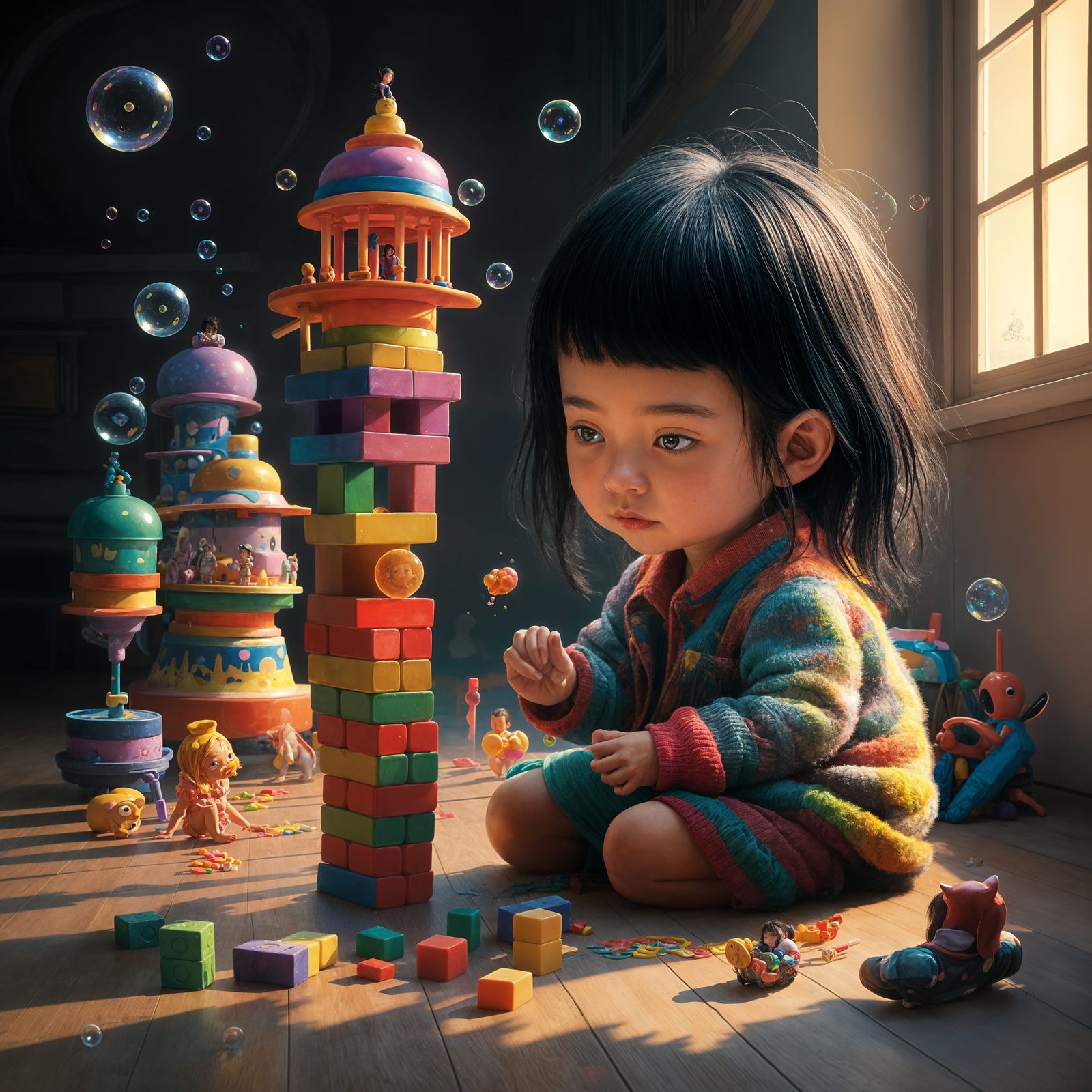Girl Building Block Tower as James Jean Painting