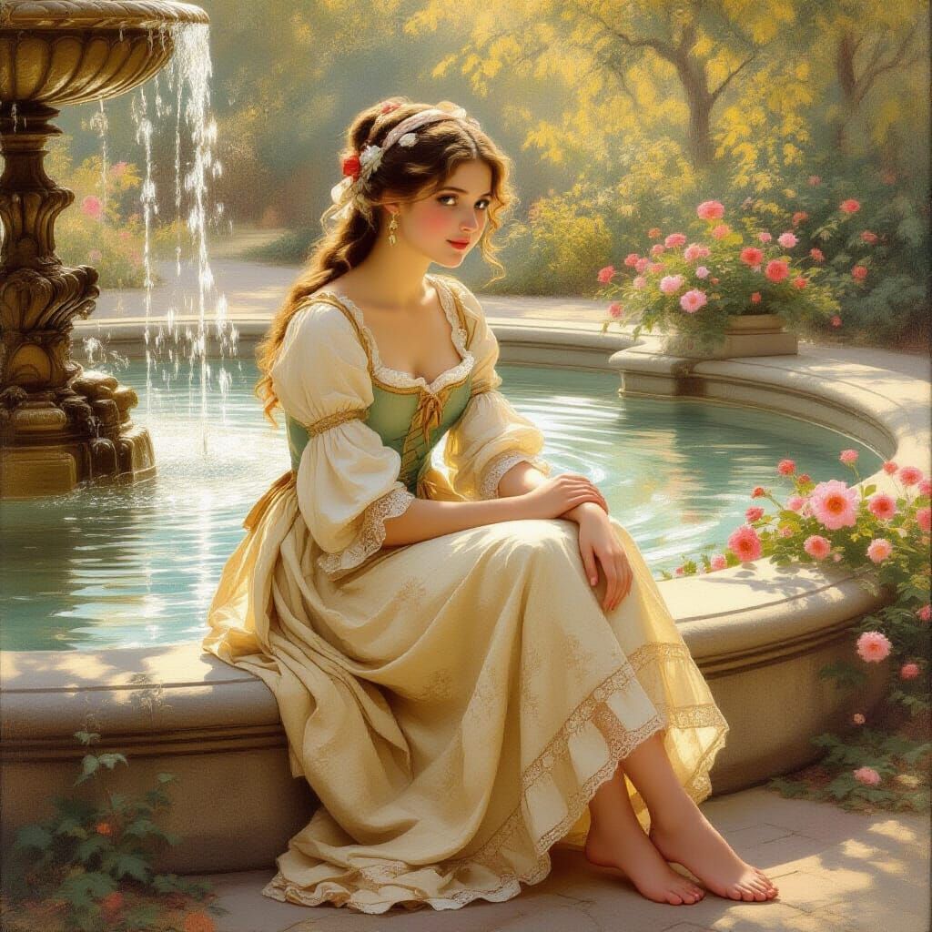 Rococo Painting of a Beautiful Girl by a Fountain