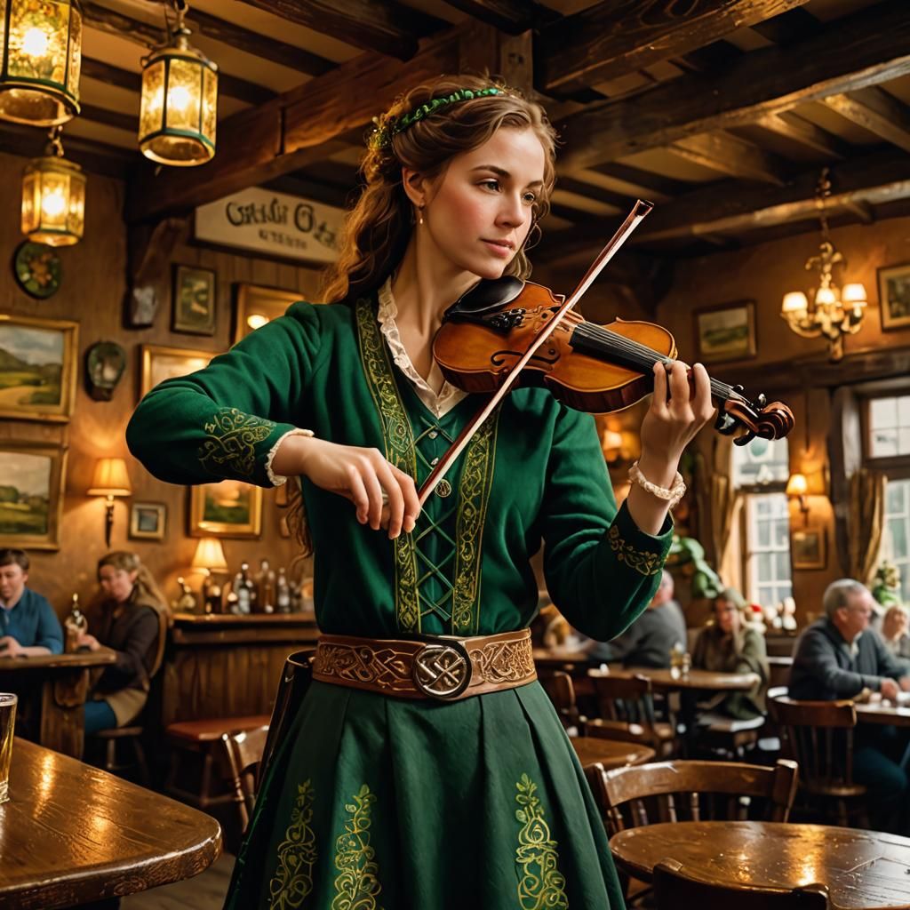 Irish Fiddle Player in Cozy Pub: Folk Art