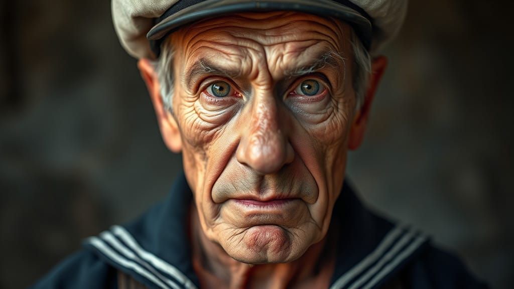 Dignified Sailor in Weathered Portrait, Cyberpunk Aesthetic