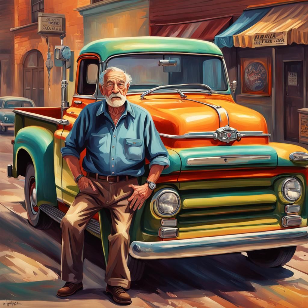 Hyperrealistic Grandpa with 50's Pickup Truck