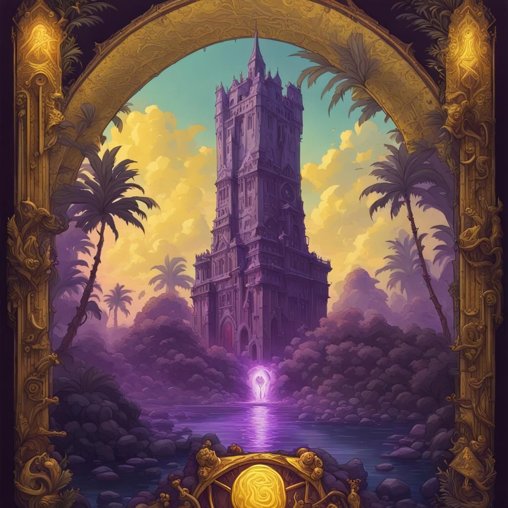 Tropical Tower Tarot Card in Dark Fantasy Art