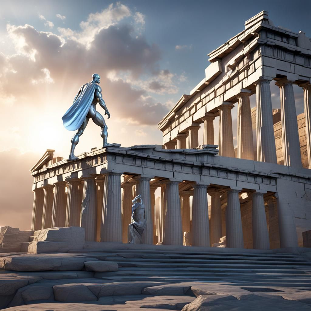 Silver Surfer Over Parthenon: Detailed Matte Painting