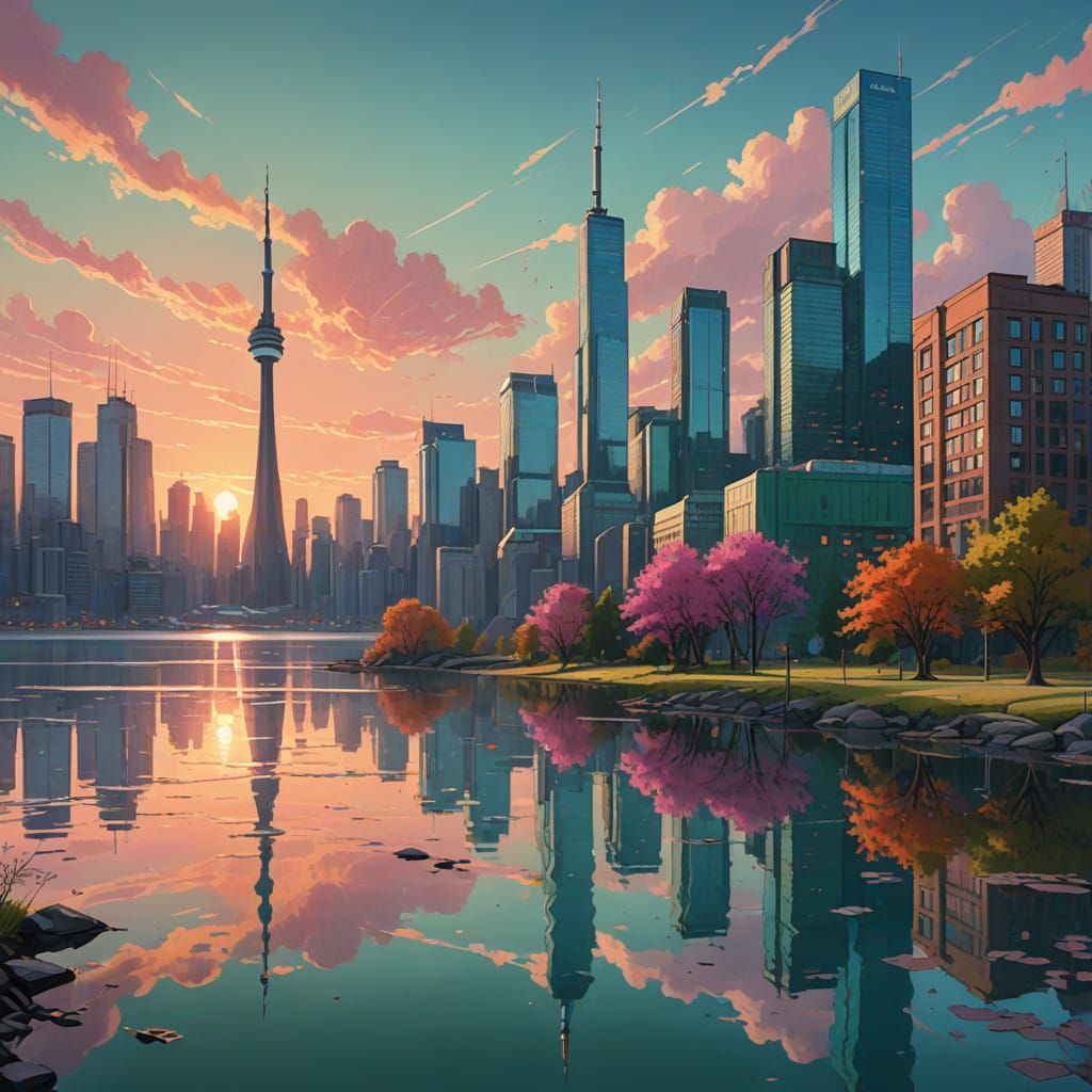 Toronto Lakeside Scene at Sunset in Vibrant Green and Pink H...