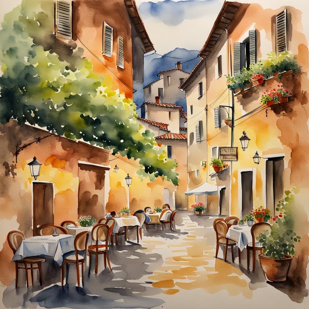 Italian Village at Dusk in Watercolor Style