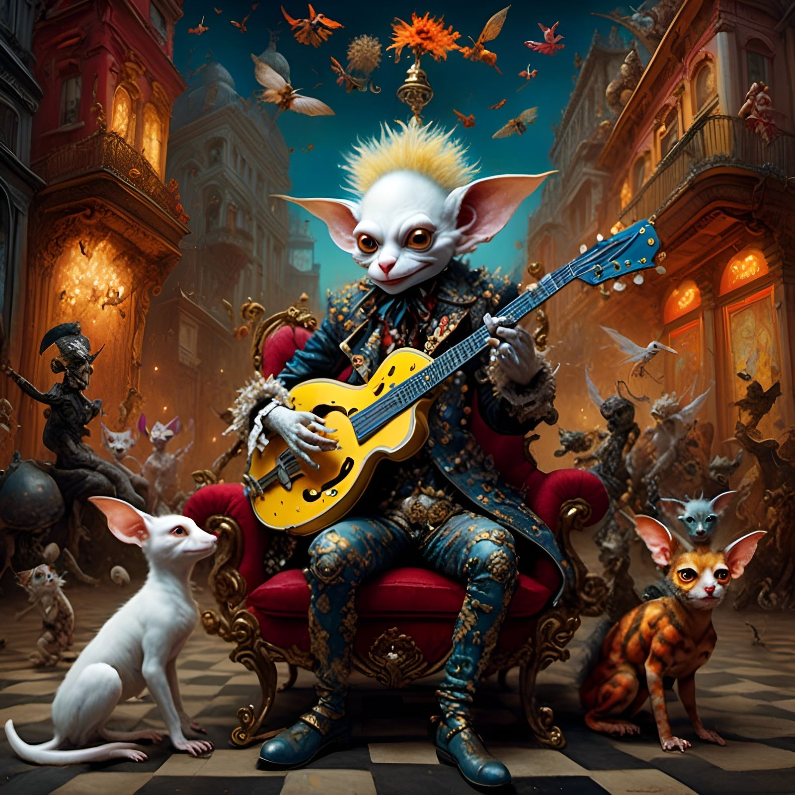 Punk Gremlin Harlequin Musician in Apocalyptic Cityscape