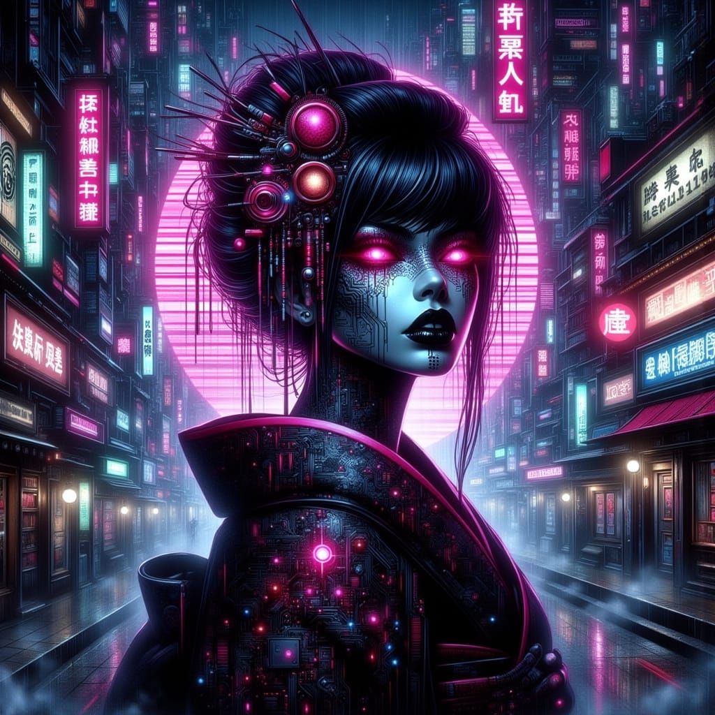 Cyberpunk Geisha Dissolving into Data