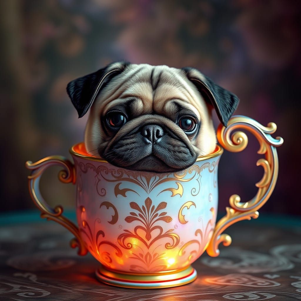 Whimsical Pug Portrait in an Iridescent Mug