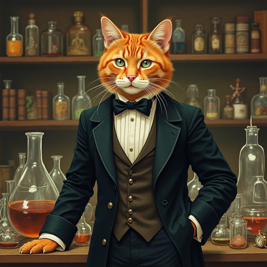 Steampunk Tabaxi Doctor in a Whimsical Laboratory