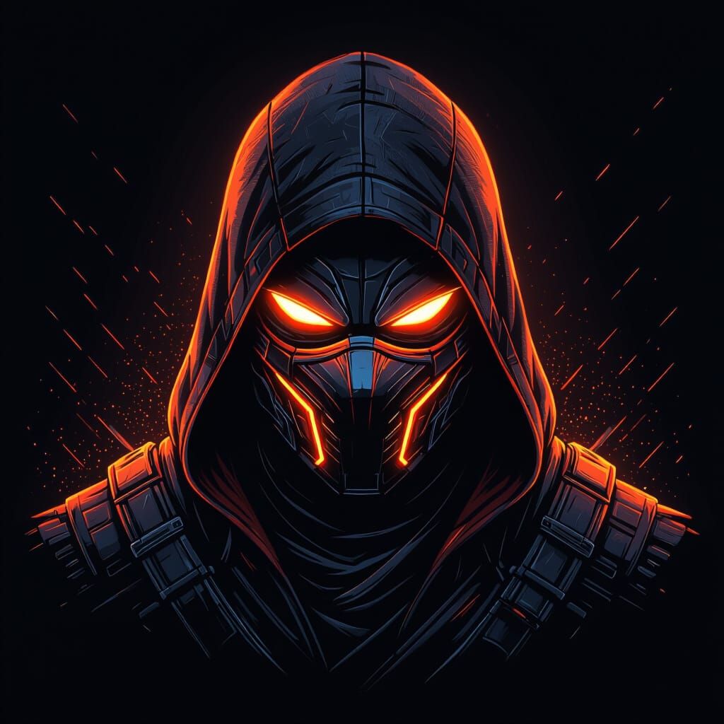 Cyber Ninja Warrior Face Illustration With Glowing Orange Ma...
