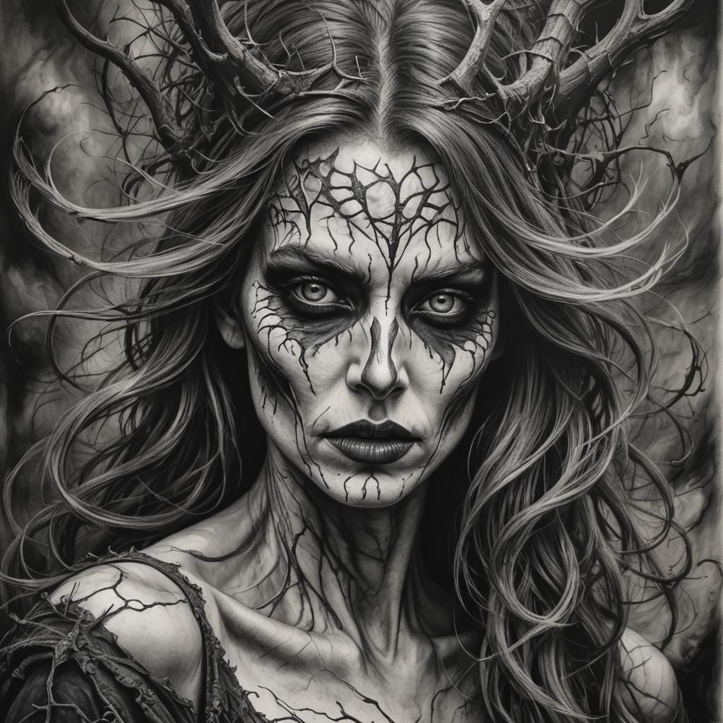 Hyperdetailed Charcoal Drawing of a Banshee
