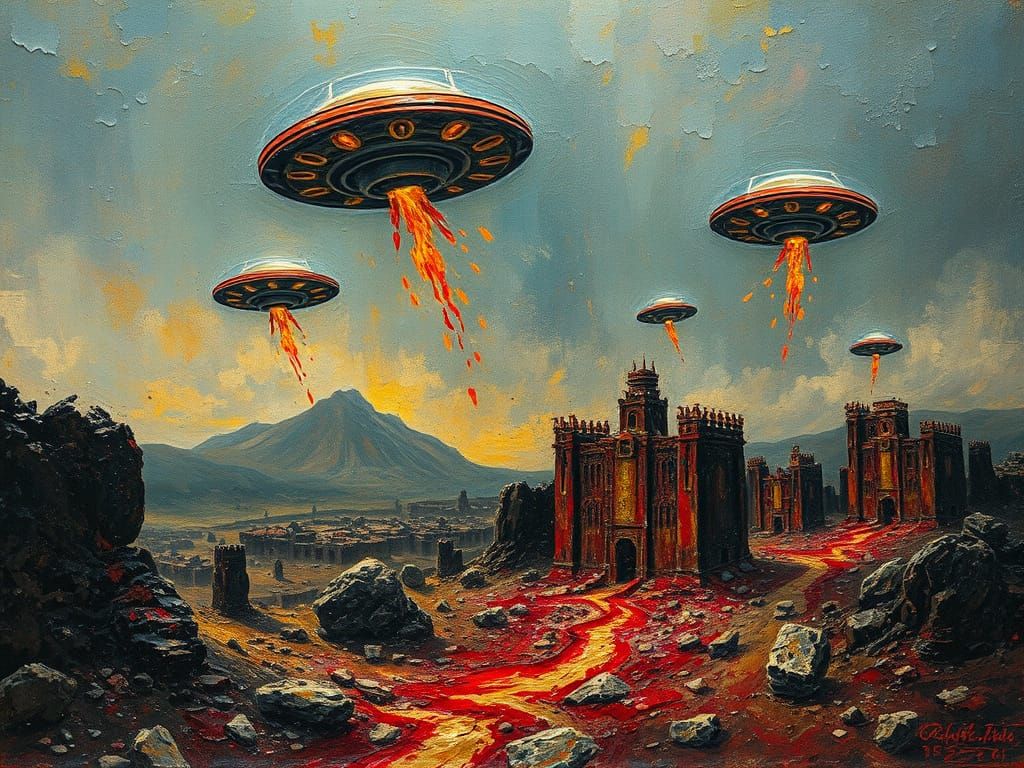 UFO Attack on Cuzco as Oil Painting