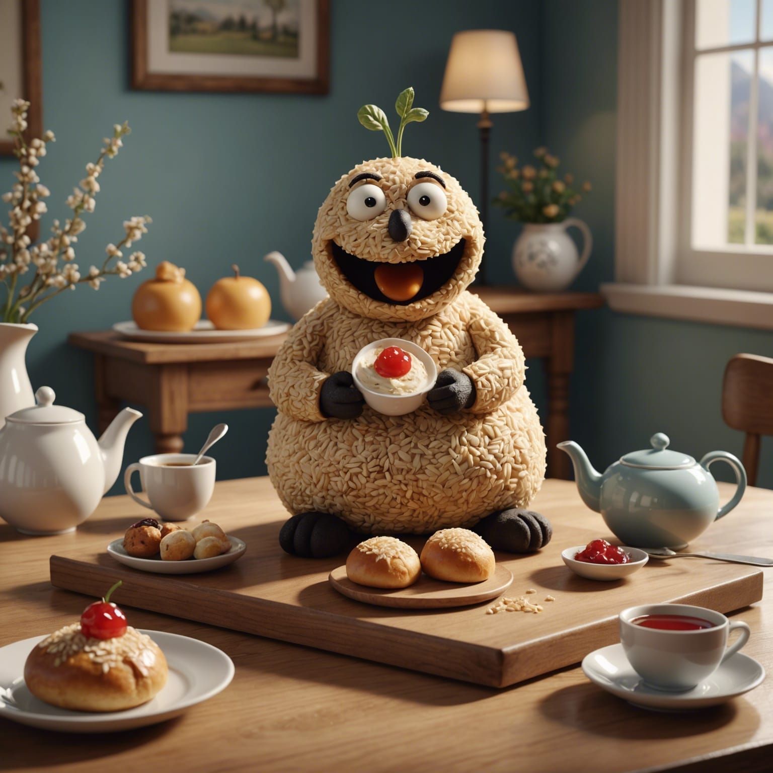 Anthropomorphic Sesame Bun in Cozy 3D Tea Room