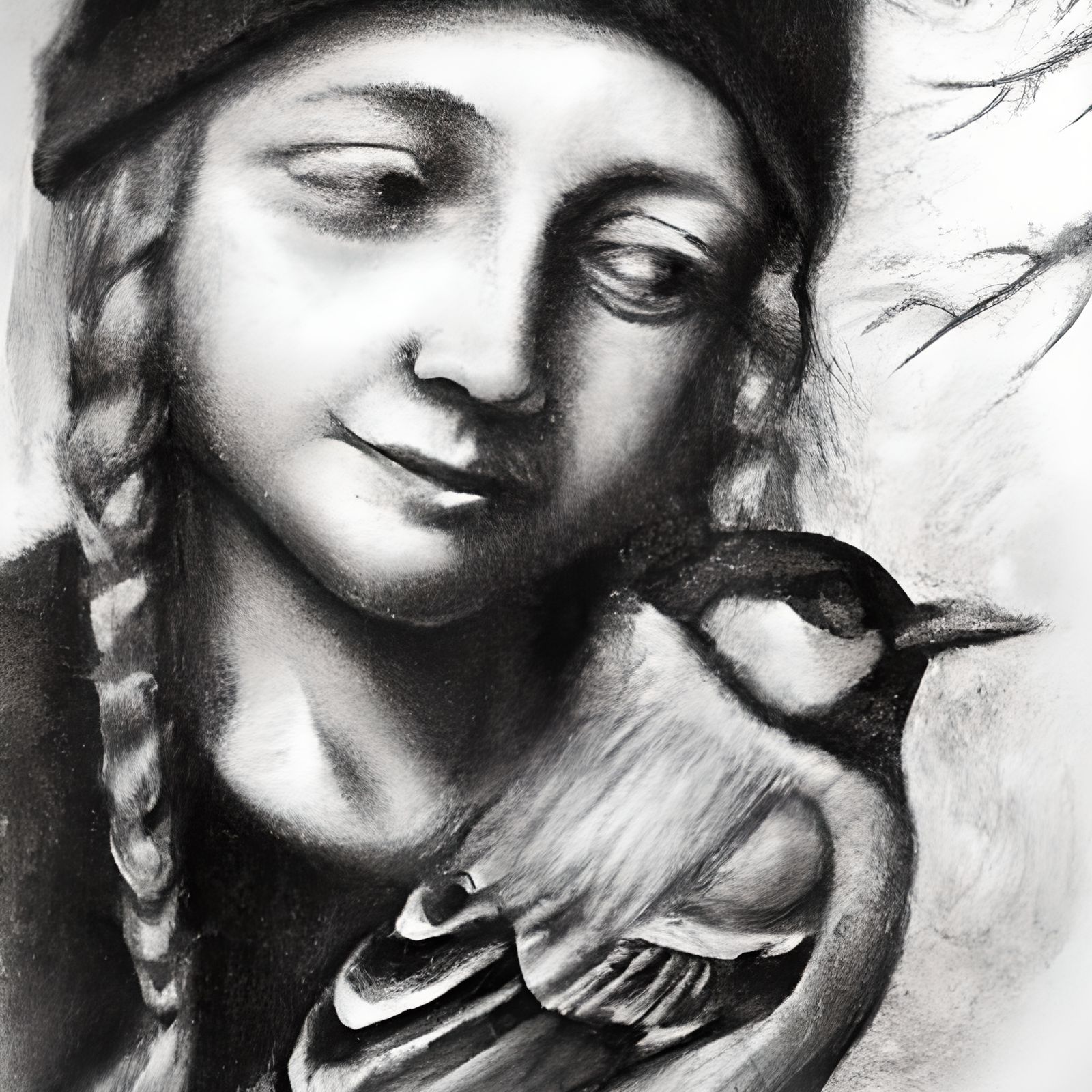 Hyperdetailed Charcoal Drawing: Anna and the Bird