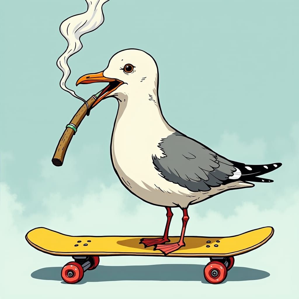 Seagull Smoking Joint on Skateboard in Manga Style