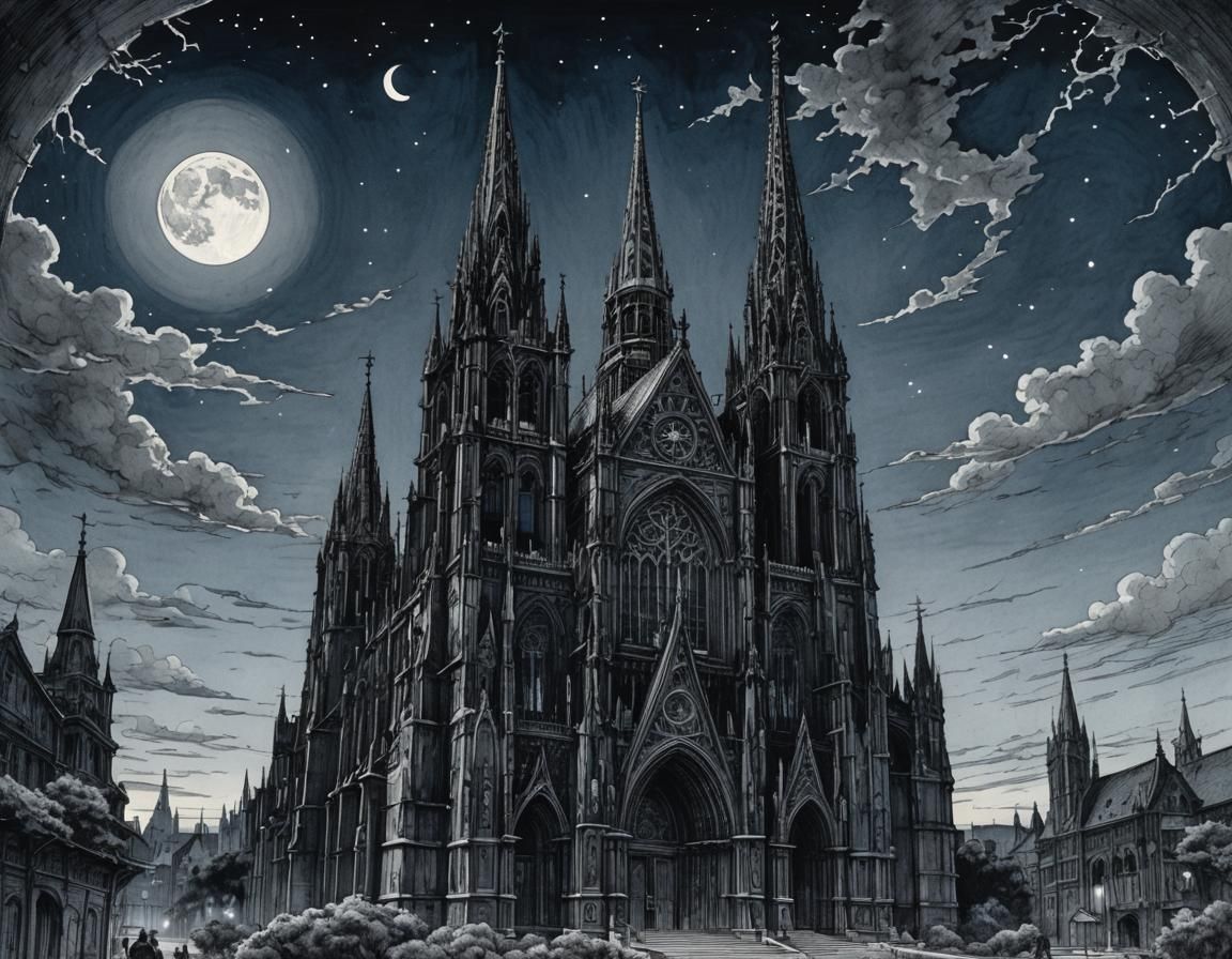 Majestic Gothic Cathedral at Night in Ink Sketch Style