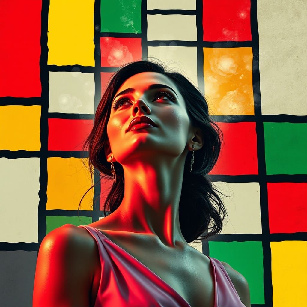 Elegant Woman in Geometric Dreamscape Double Exposure