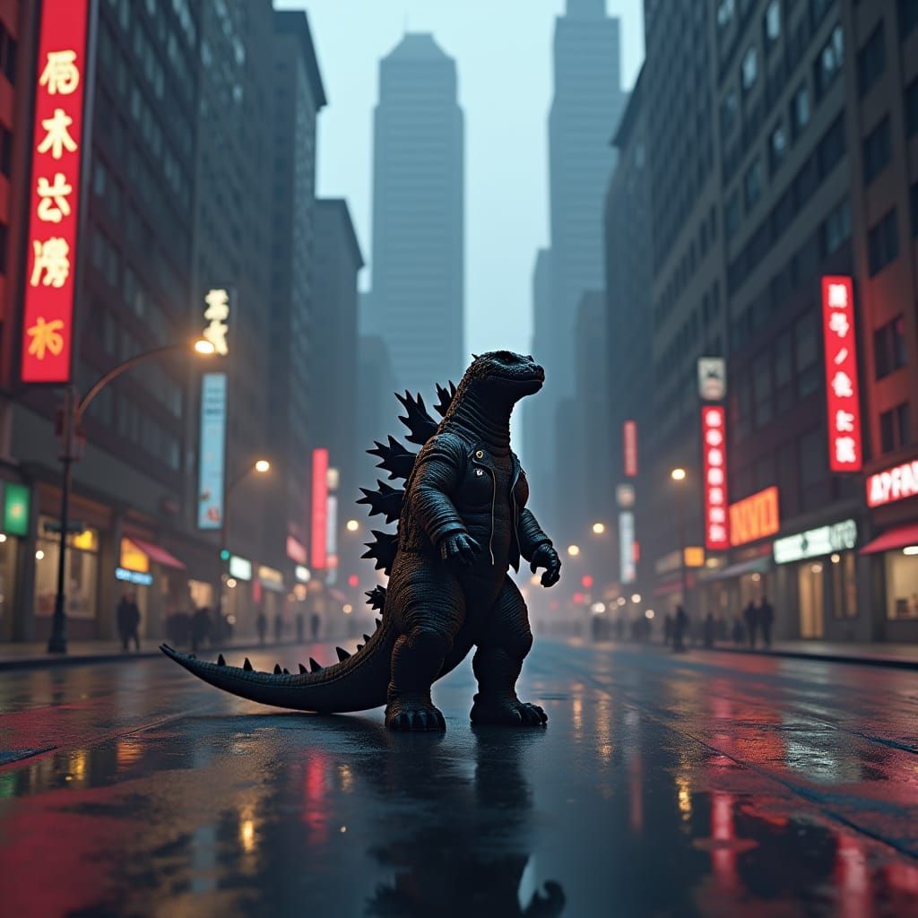 Mini Godzilla in Cityscape: Ash Thorp Concept Art