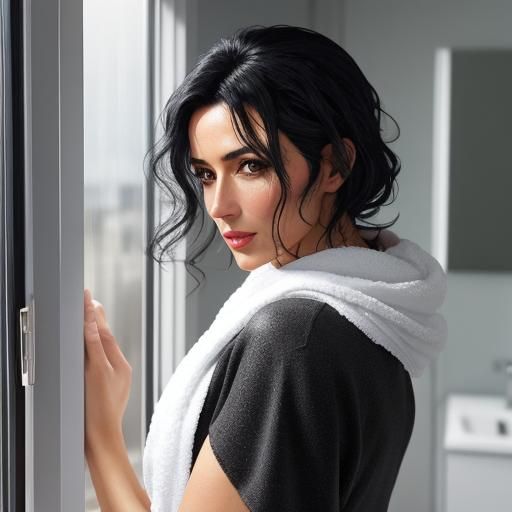 Beautiful Spanish Woman after Shower, Hyperrealistic Portrai...