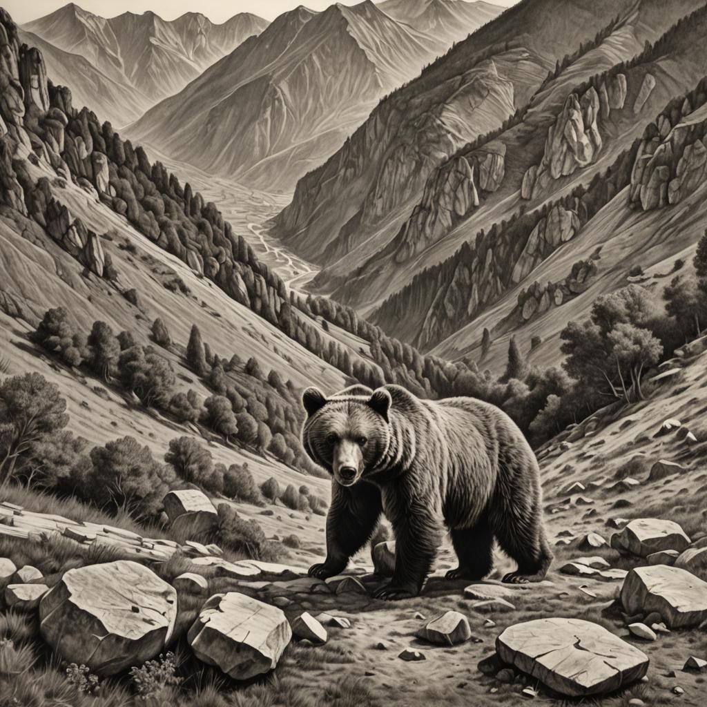 Marsican Brown Bear in Apennine Mountains: Charcoal Art