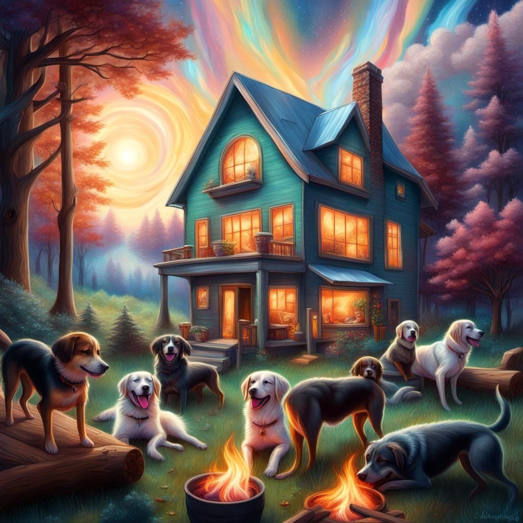 Dogs Relaxing by Fire: Holographic Astral Illustration