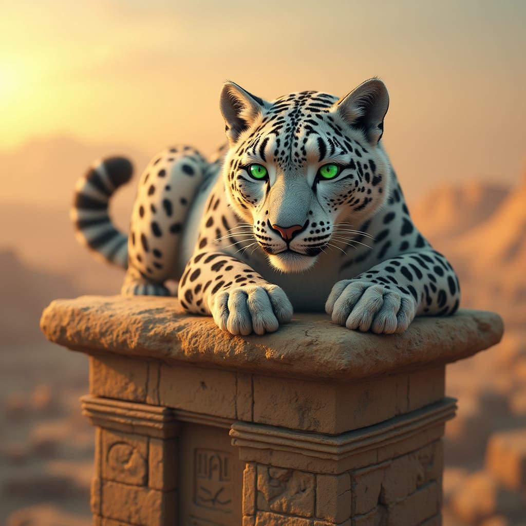 Snow Leopard on Egyptian Temple: Hyperrealistic Digital Art