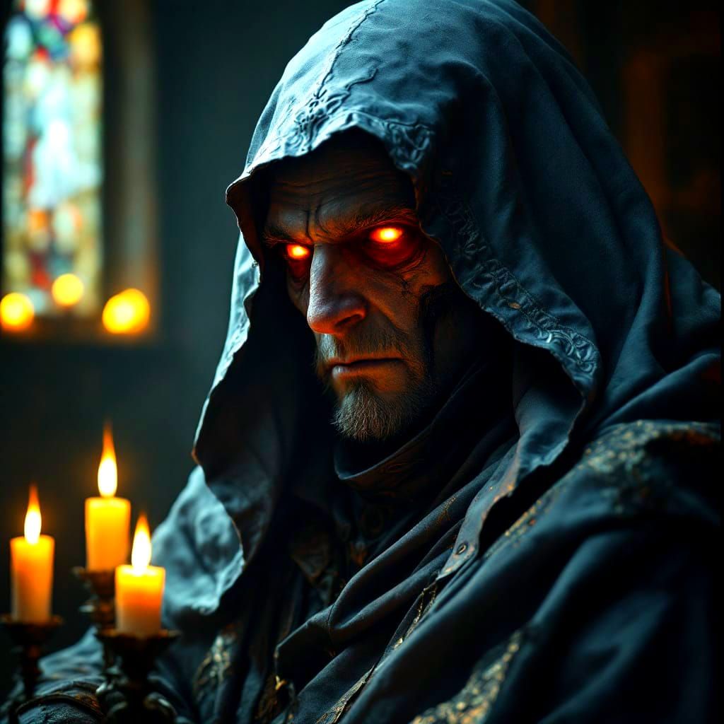 Glowing-Eyed Exorcist in Gothic Church, Fantasy Art