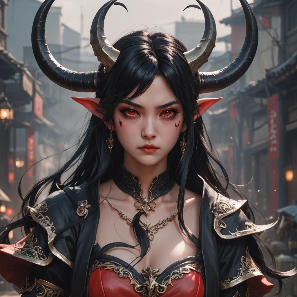 Tiefling Woman with Black Horns in 3D Anime Style