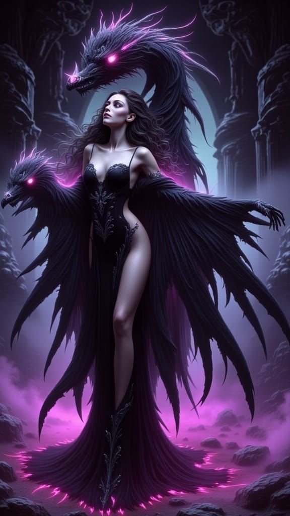 Dark Angel on Gothic Cathedral in Surreal Style