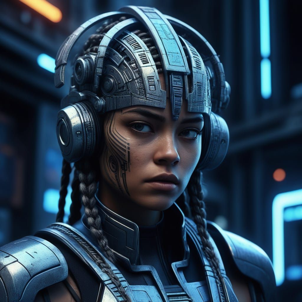 Gritty Futuristic Female in Metallic Headgear