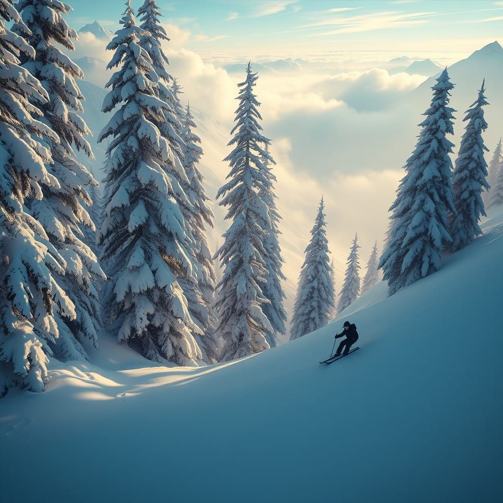 Ethereal Skiing Scene amidst Majestic Pine Trees in a Winter...