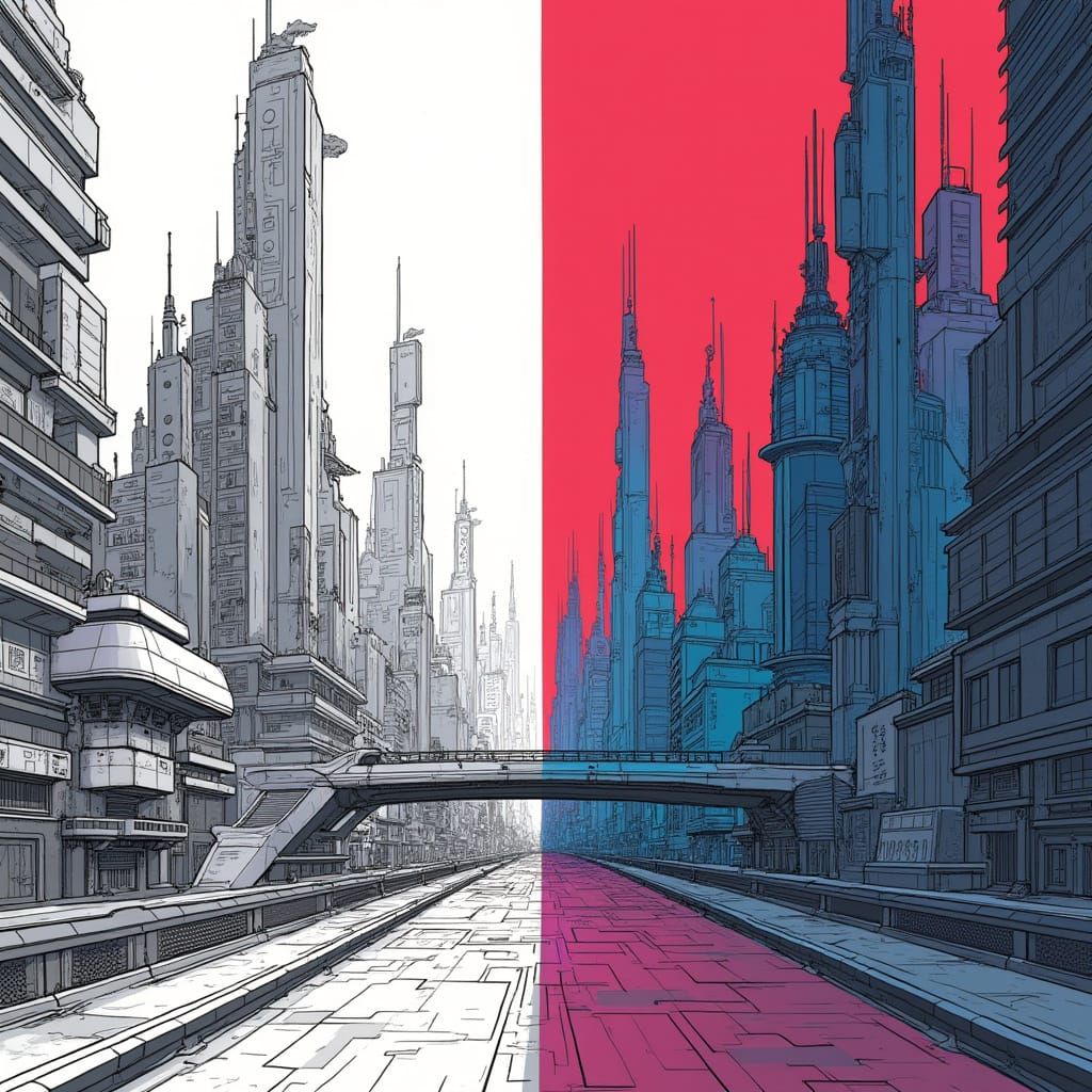 Cyberpunk Cityscape Illustration with Contrasting Styles