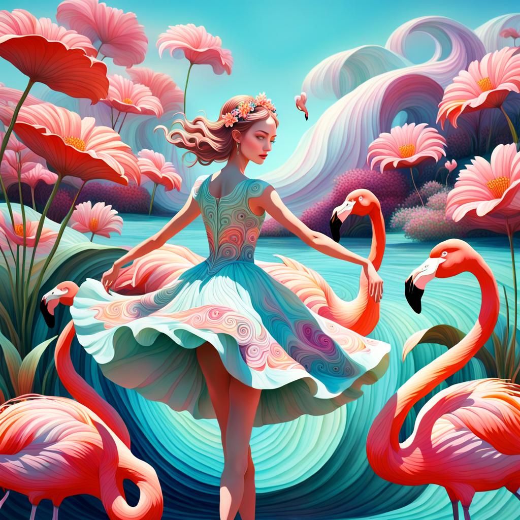 Girl Rides Flamingo in Dreamlike Fantasy Landscape