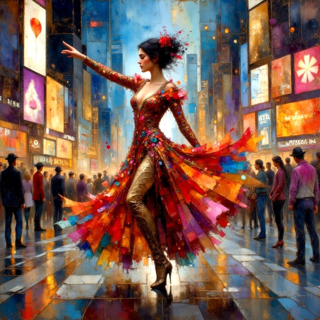 Latin Dancer in City Square: Impasto Oil Painting