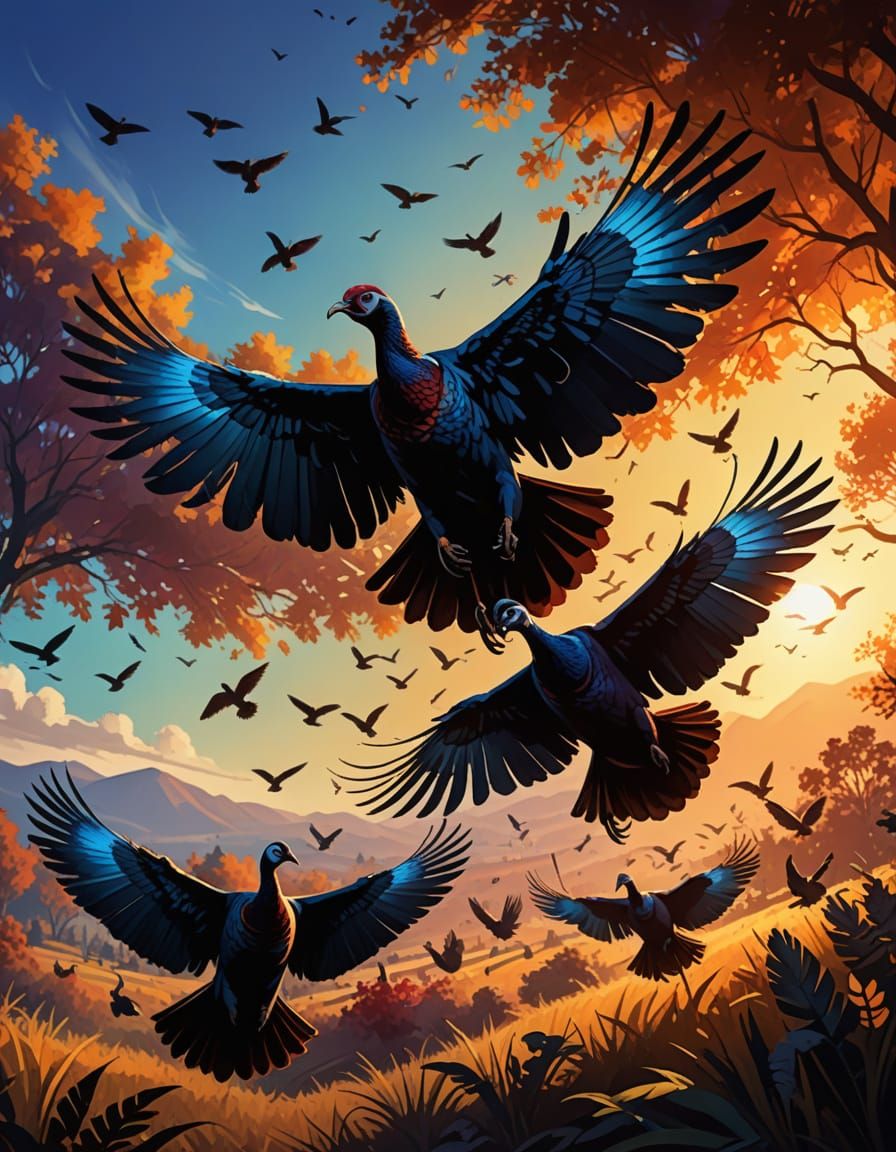 Vibrant Oil Painting of Turkeys in Dramatic Flight