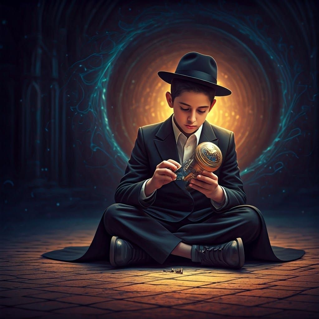 Haredi Boy Spins Dreidel in Whimsical, Fantastical Landscape