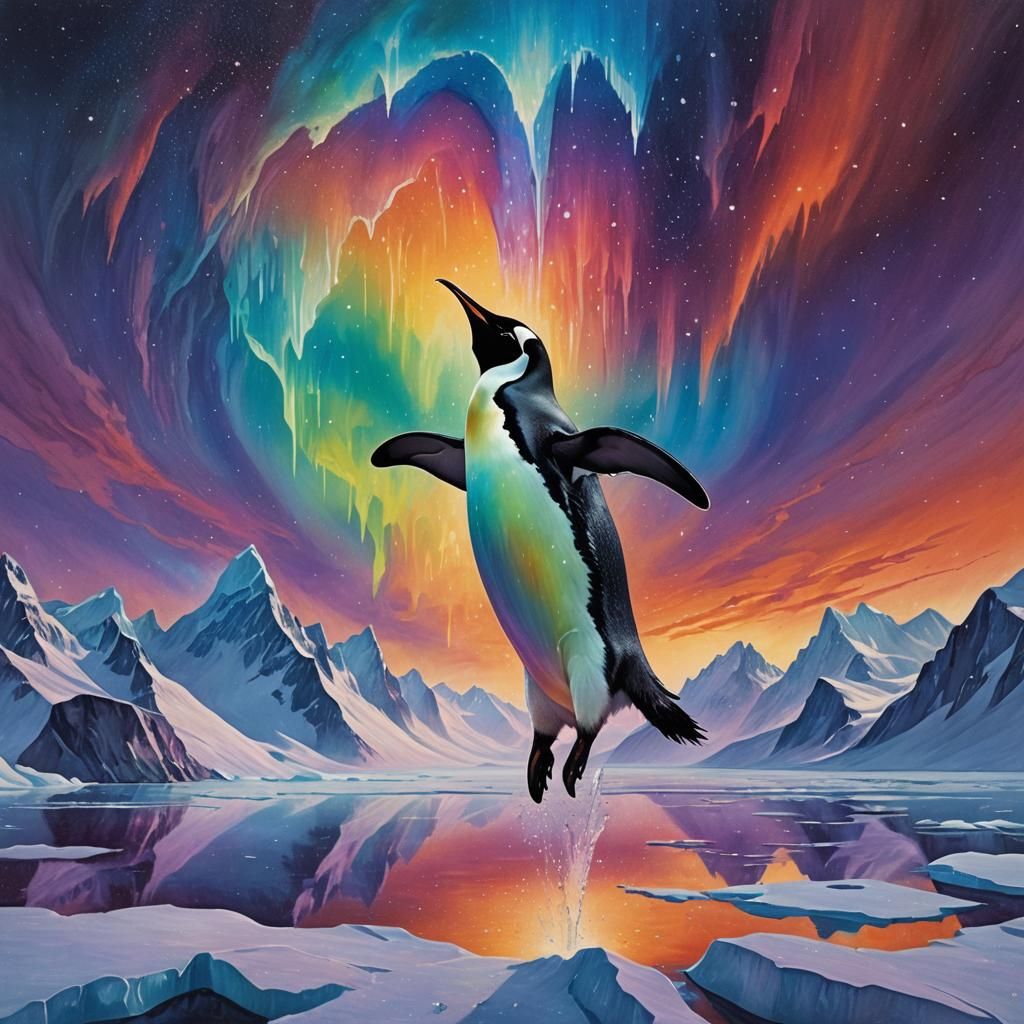 Penguin Handstand Against Aurora Landscape